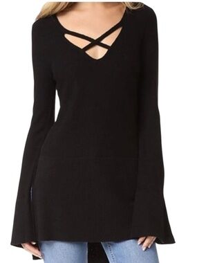 Free People Cross Front V-Neck Black High Low Ribbed Hem Tunic Sweater Sz Large